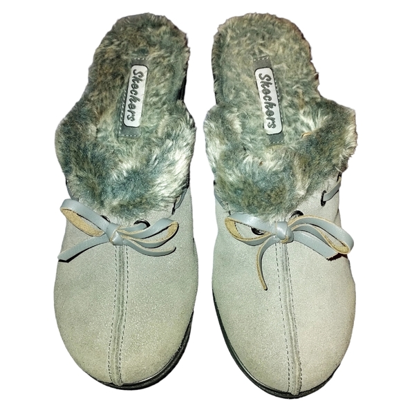 SKECHERS Women's Gray Fur-lined Suede Block Clogs Mules Size 8 - Picture 4 of 7